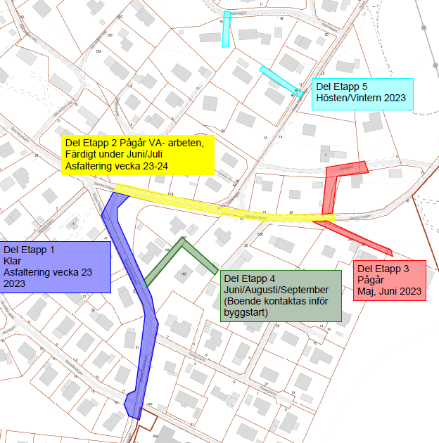 Karta över arbetsområdet i Björklinge. De fem etapperna är utmärkta med färger. 