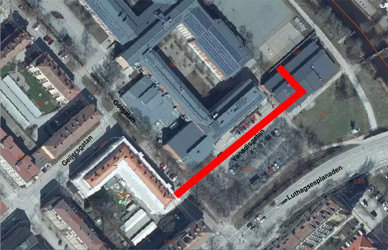 Flygfoto över Götgatan Vanadisgatan med arbetsområdet markerat.