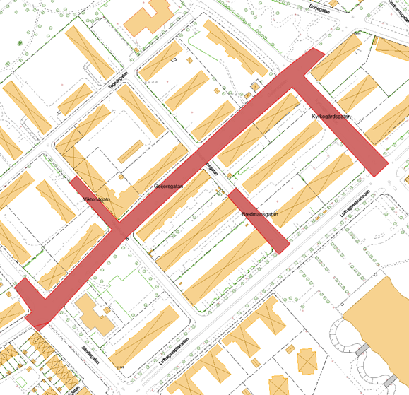 Karta med markeringar på Geijersgatan med tvärgator