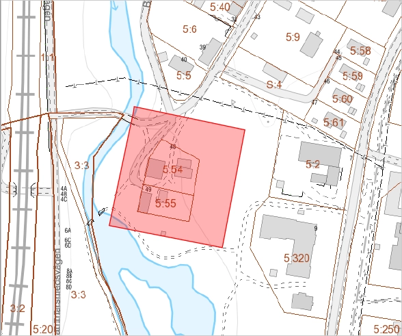 Röd markering på karta som visar området Bruksgårdarna i Vattholma