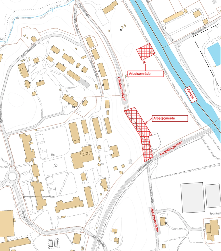 Markering på karta som visar var på Ulleråkersvägen som Uppsala Vatten lägger om ledningarna