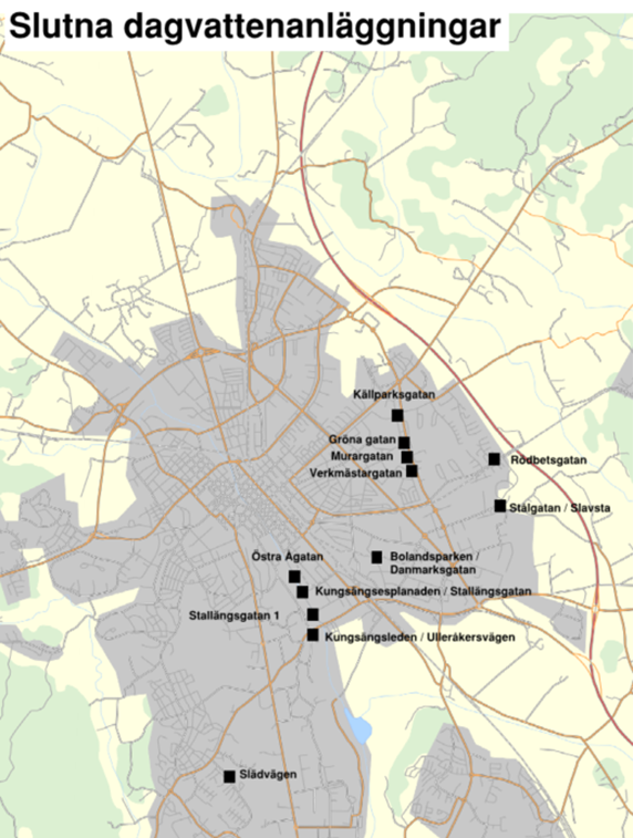 Karta över de slutna dagvattenanläggningarna i Uppsala kommun.