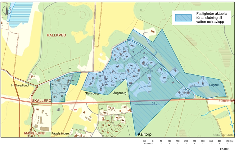 Karta som visar markerat område i Hallkved för utbyggnad av kommunalt VA